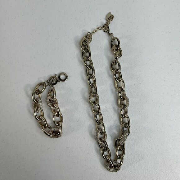Coldwater Creek Goldtone Necklace & Bracelet Chunky Linked Statement Rhinestone - Picture 2 of 10
